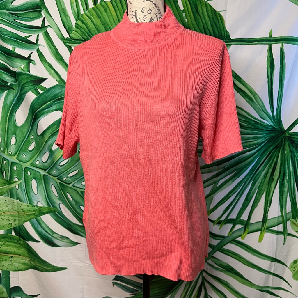 Y2k Croft Barrow Xl Coral Pink Orange Mock Neck Spring Short Sleeve Sweater